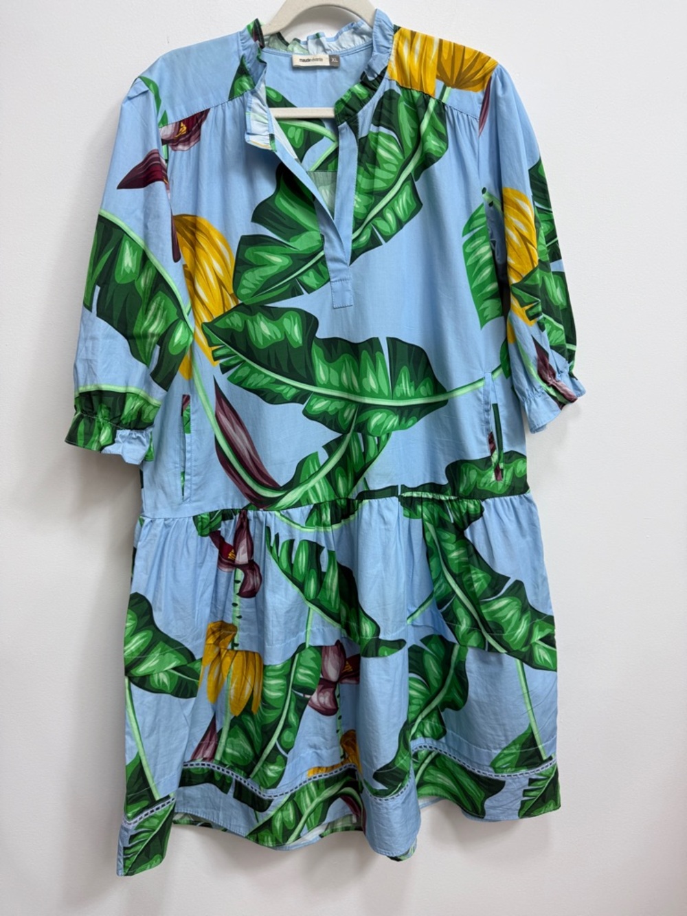 Maude Vivante Tropical Leaf Print Tiered Dress - Blue & Green, NWOT